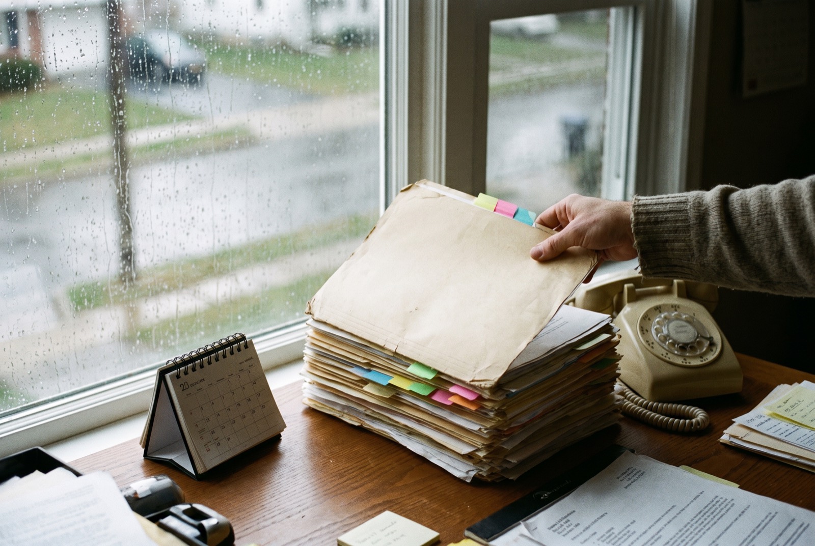 A stack of loan files with sticky tabs on a desk by a rainy window