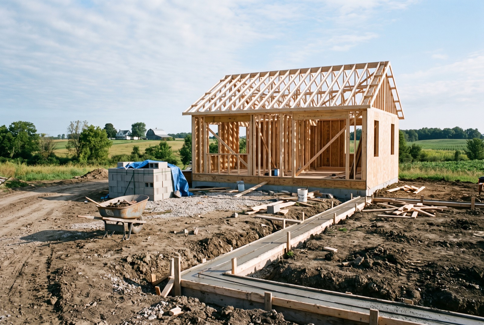 Fresh concrete footings on a graded home site with a new house frame behind