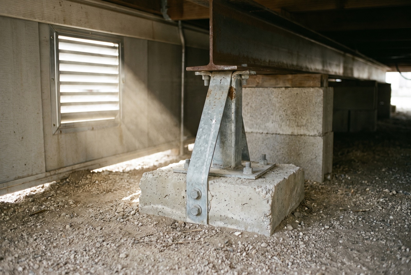 A steel anchor strap bolted to a concrete footing beside a pier under a manufactured home