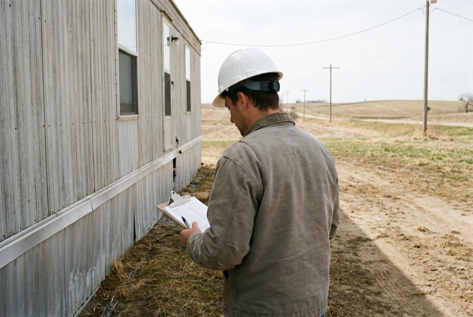 An engineer with a checklist walking along the side of a manufactured home