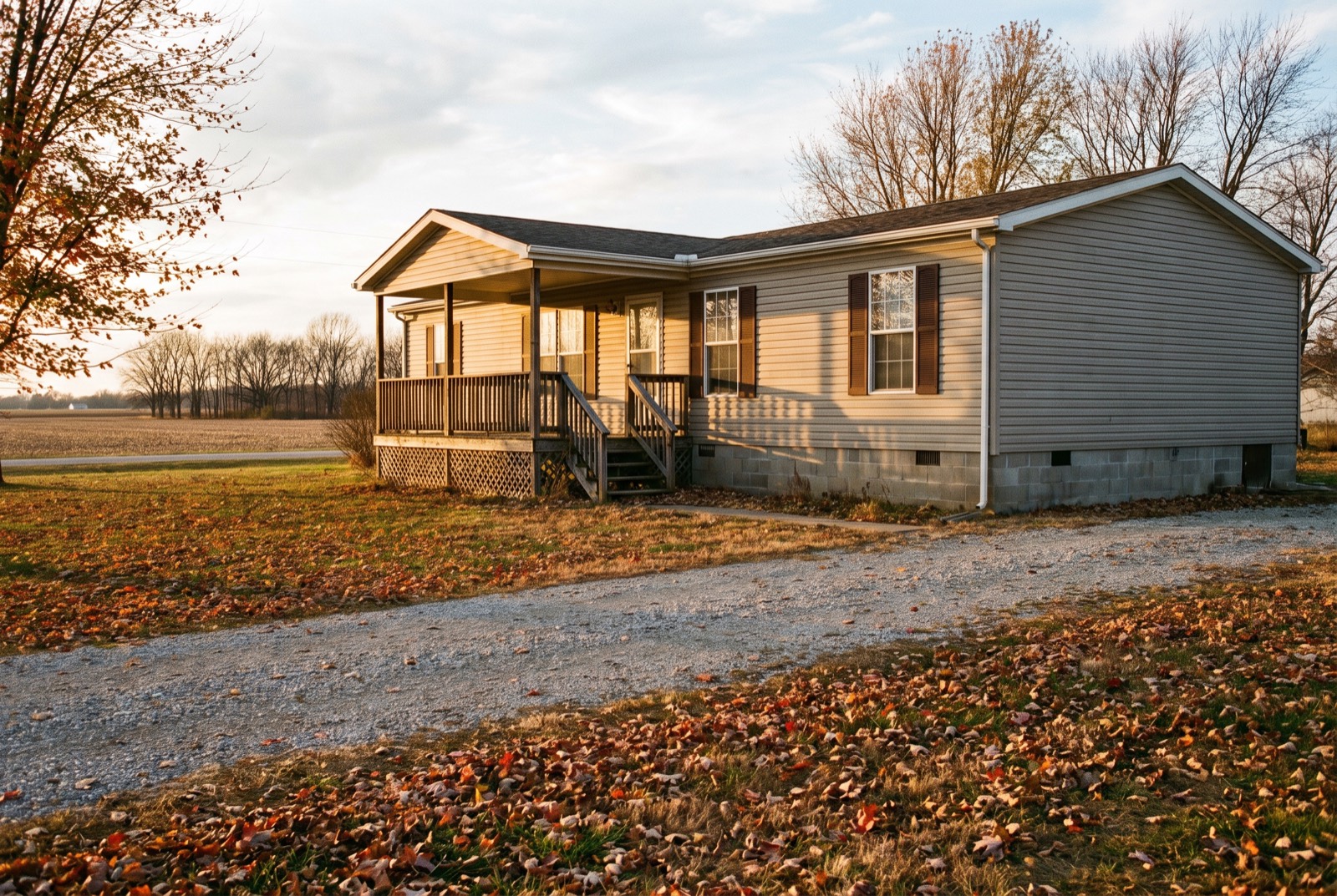 A double-wide manufactured home with a covered porch on a block foundation in autumn